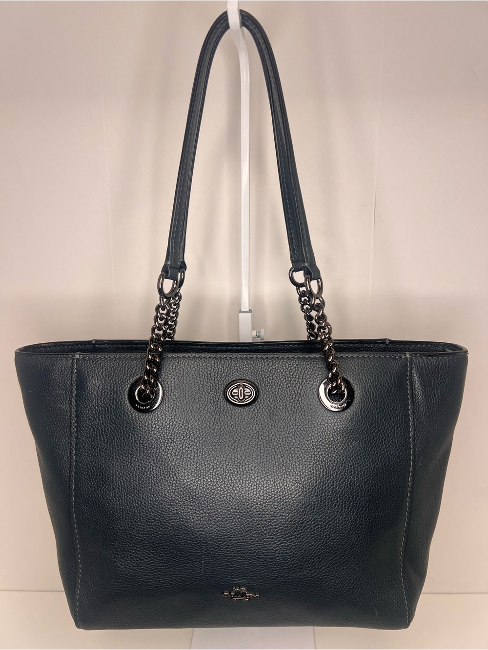 Coach Dark Blue Turnlock Pebbled Leather Chain Tote 57107
